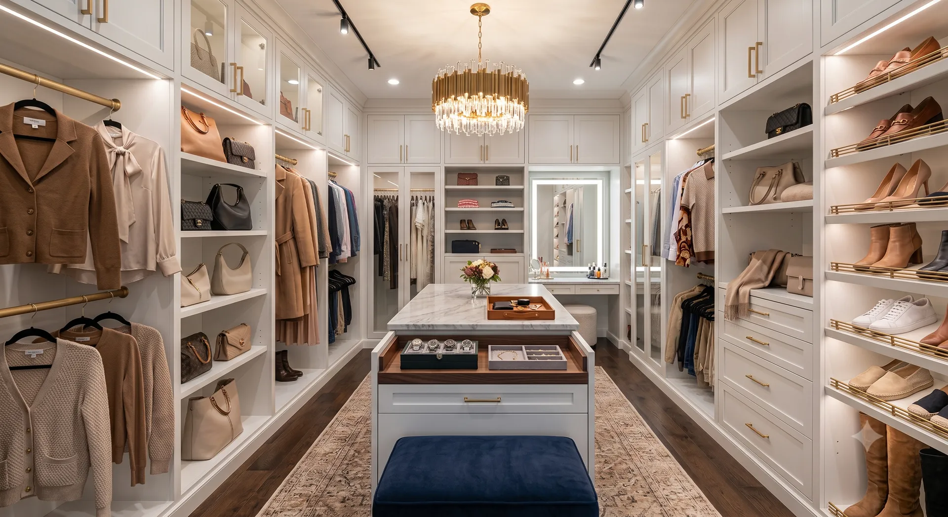 Walk-in closet in the White finish, bright cabinetry with brass lighting