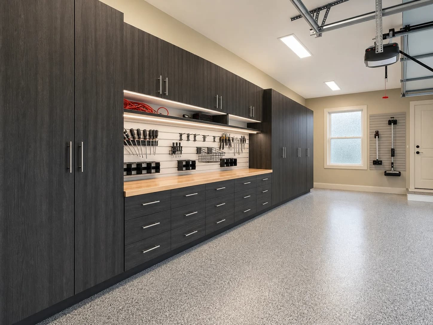 Custom garage cabinets in charcoal with slat wall tool storage and a workbench