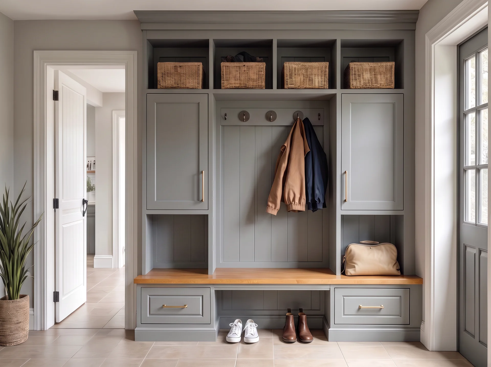 Custom gray mudroom built-in with bench, coat hooks, and basket cubbies