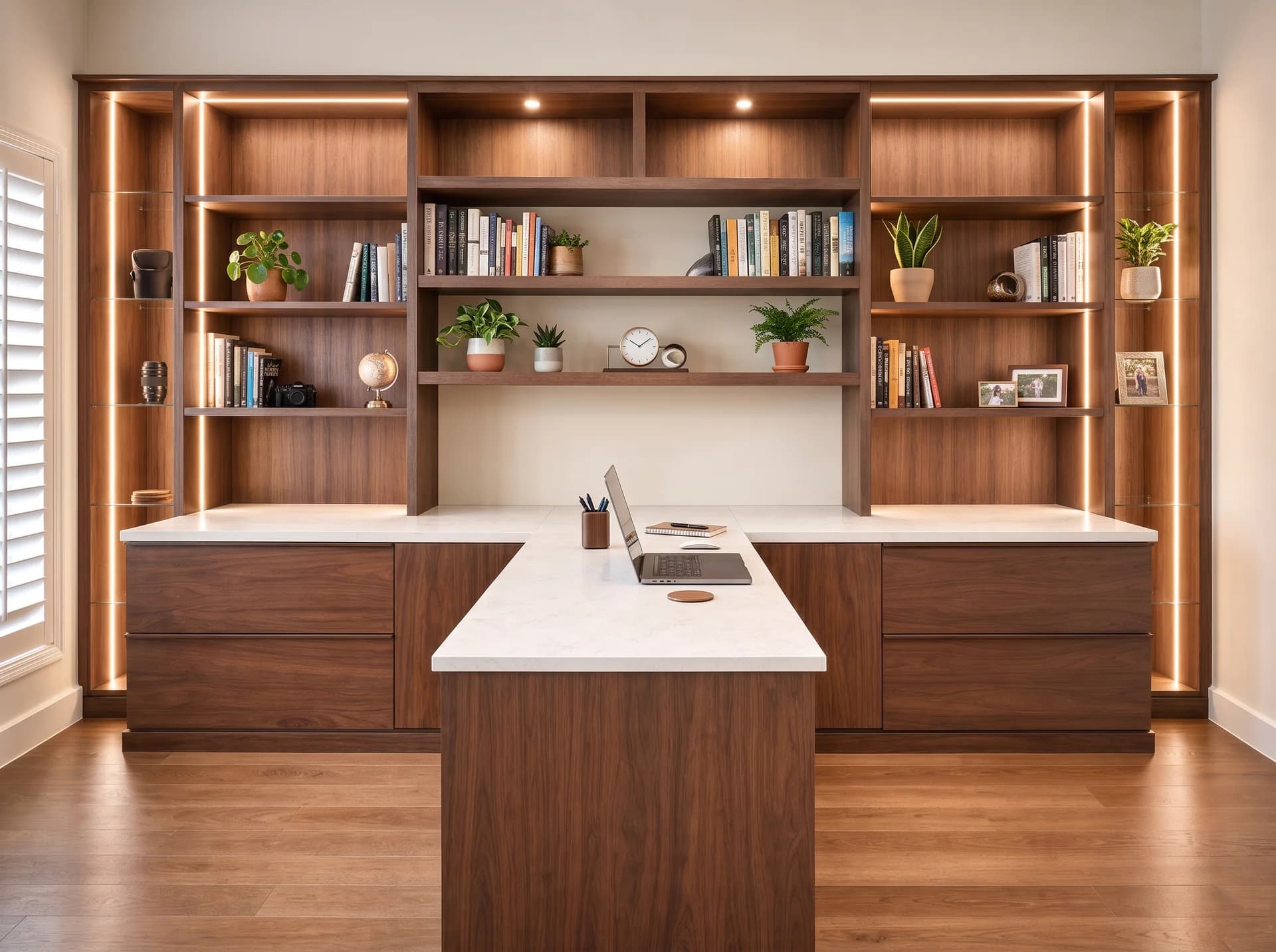 Custom home office with walnut built-in shelving, accent lighting, and a central desk