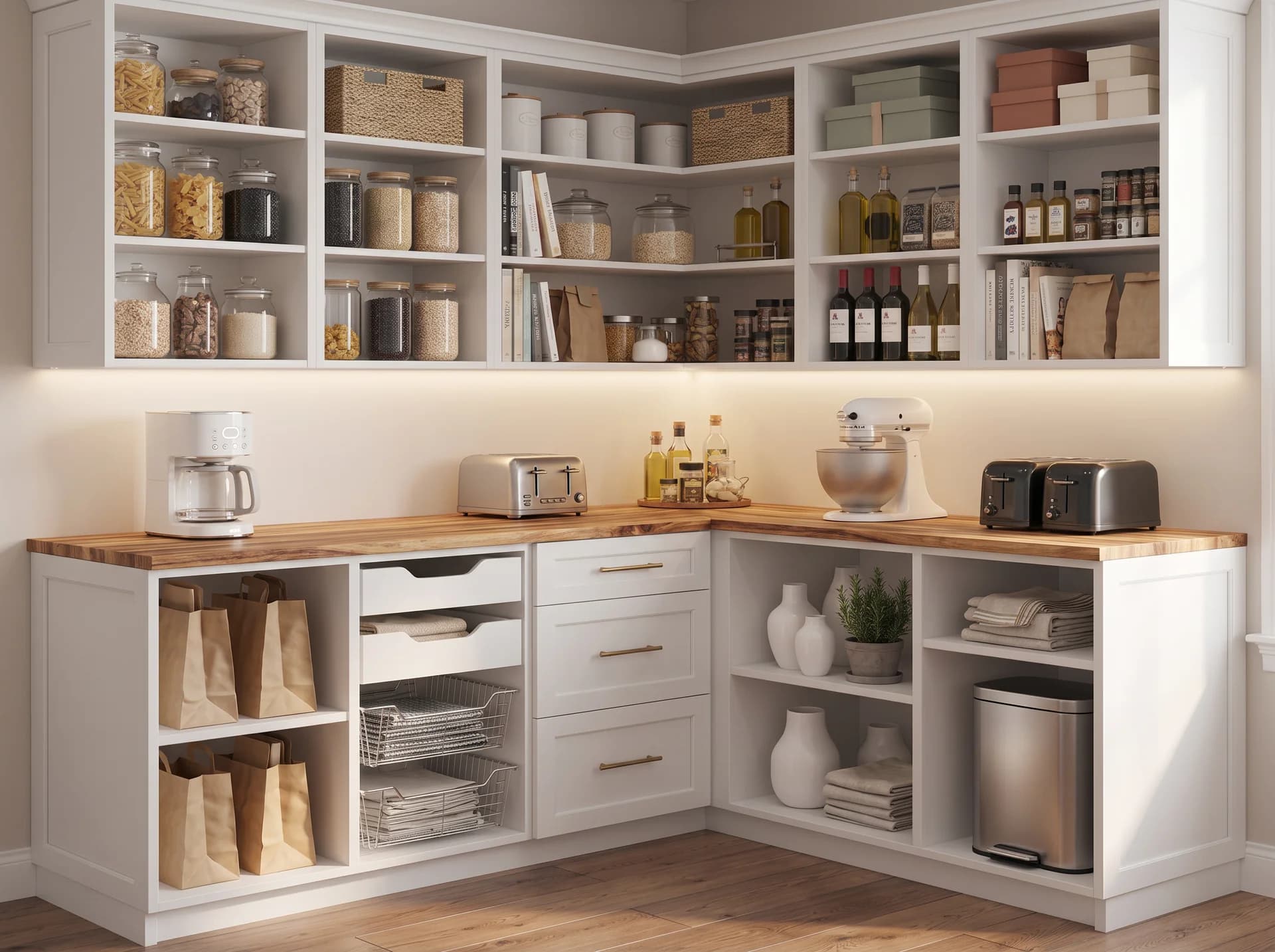 Custom L-shaped pantry with white cabinetry, butcher block counters, and open shelving
