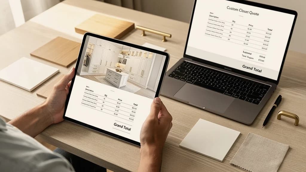 Customer reviewing a 3D closet rendering on a tablet next to an itemized Maker Closets quote on a laptop