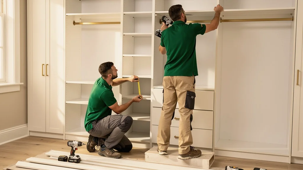 Two Maker Closets installers in green polos measuring and drilling a custom walk-in closet installation