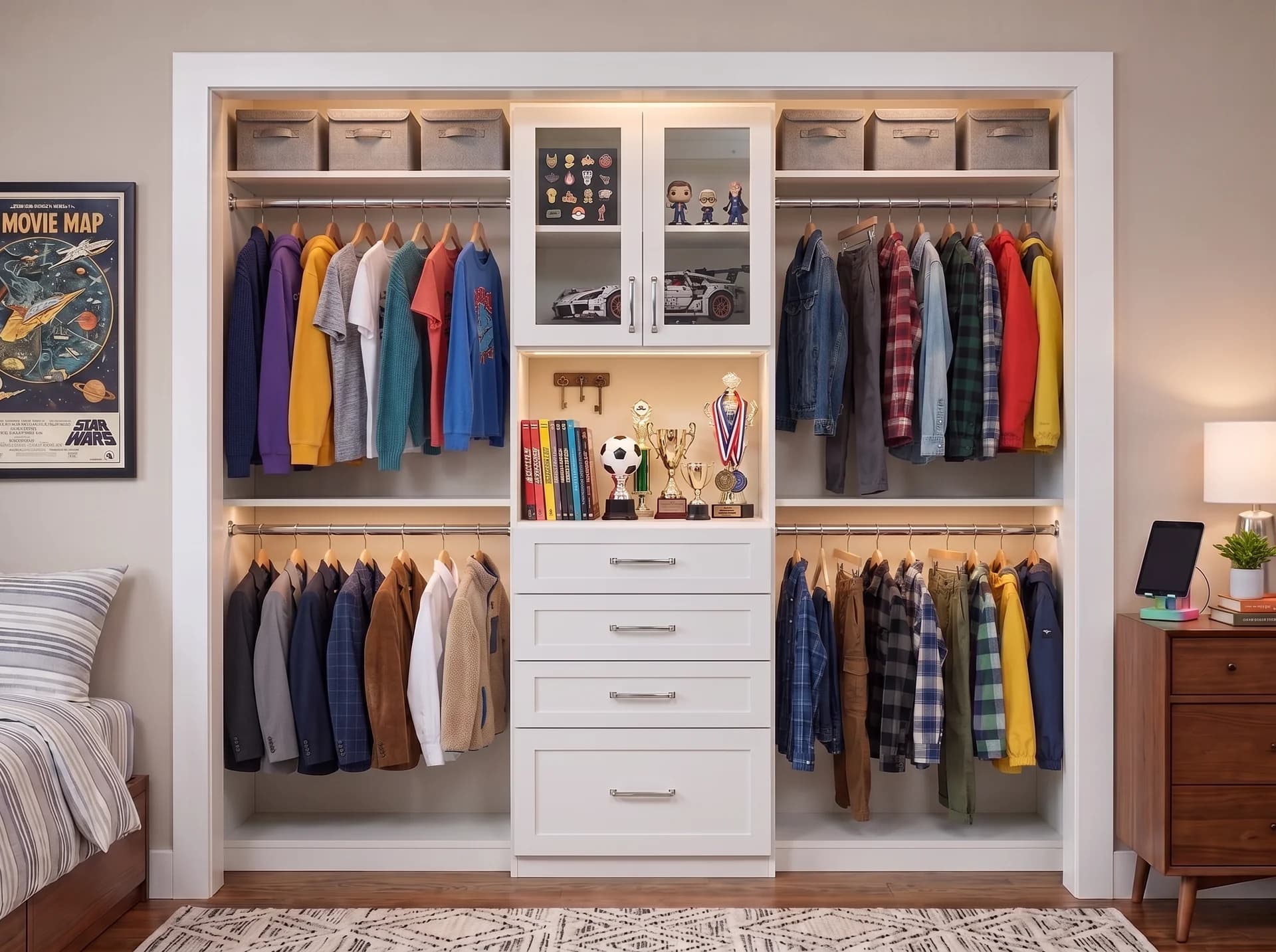 Custom reach-in closet with double hanging, drawers, and glass display shelving in a bedroom