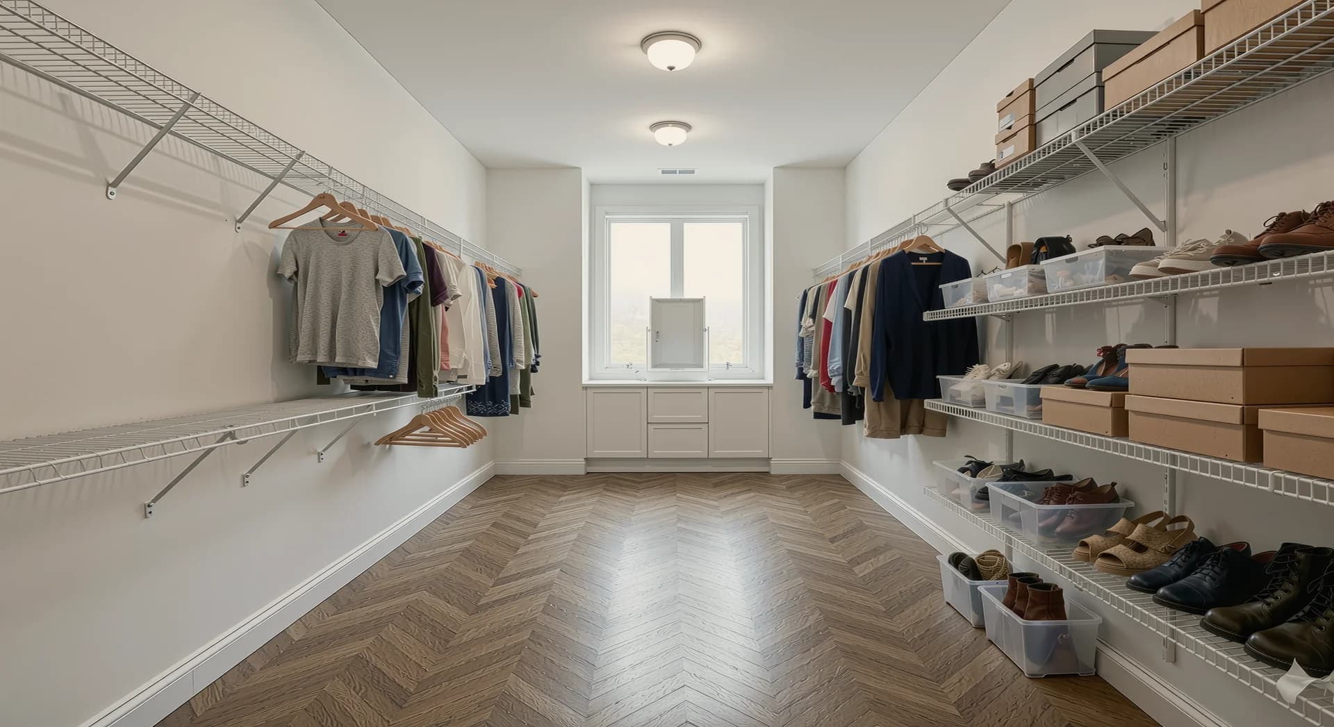 Empty walk-in closet with builder-grade white wire shelving on both walls and parquet floor, before any custom build