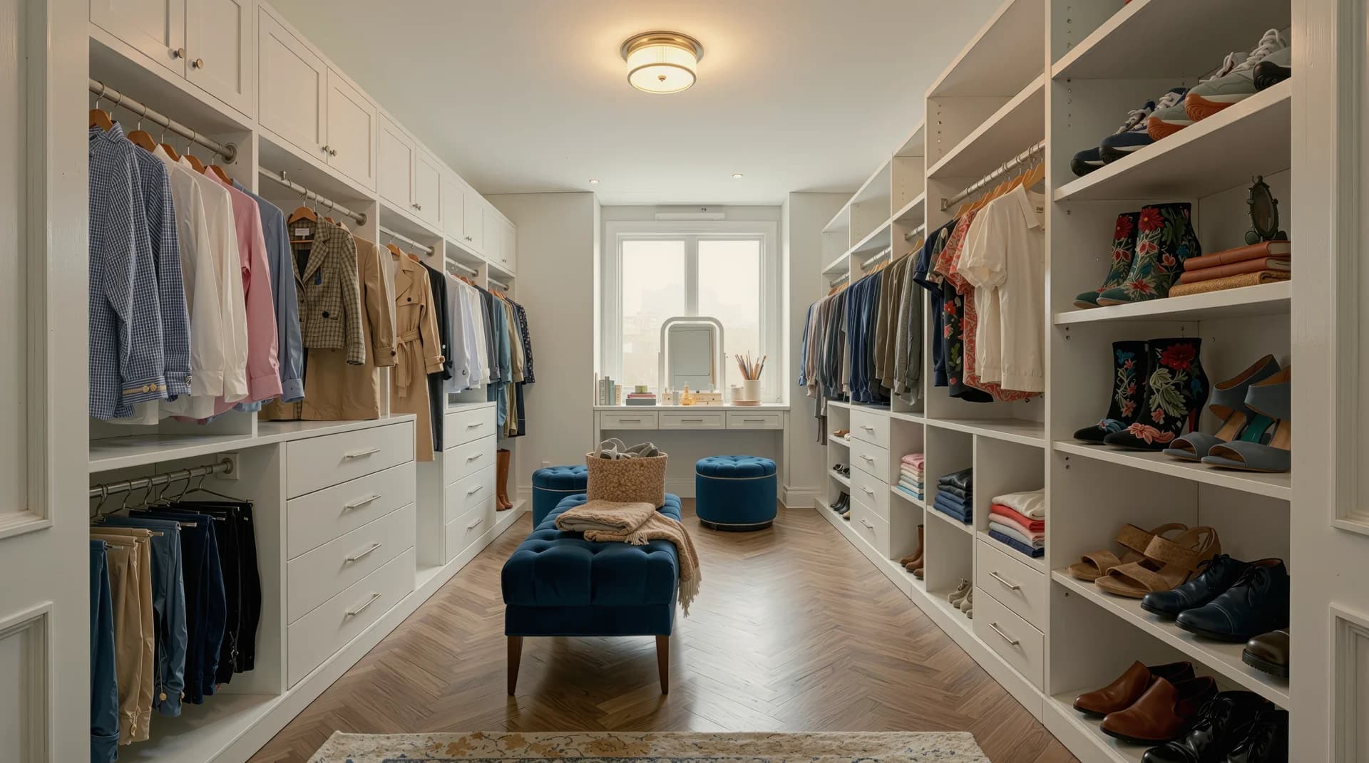 Custom walk-in closet, Standard tier with multiple drawer banks, dedicated accessory shelving and LED-lit shelves