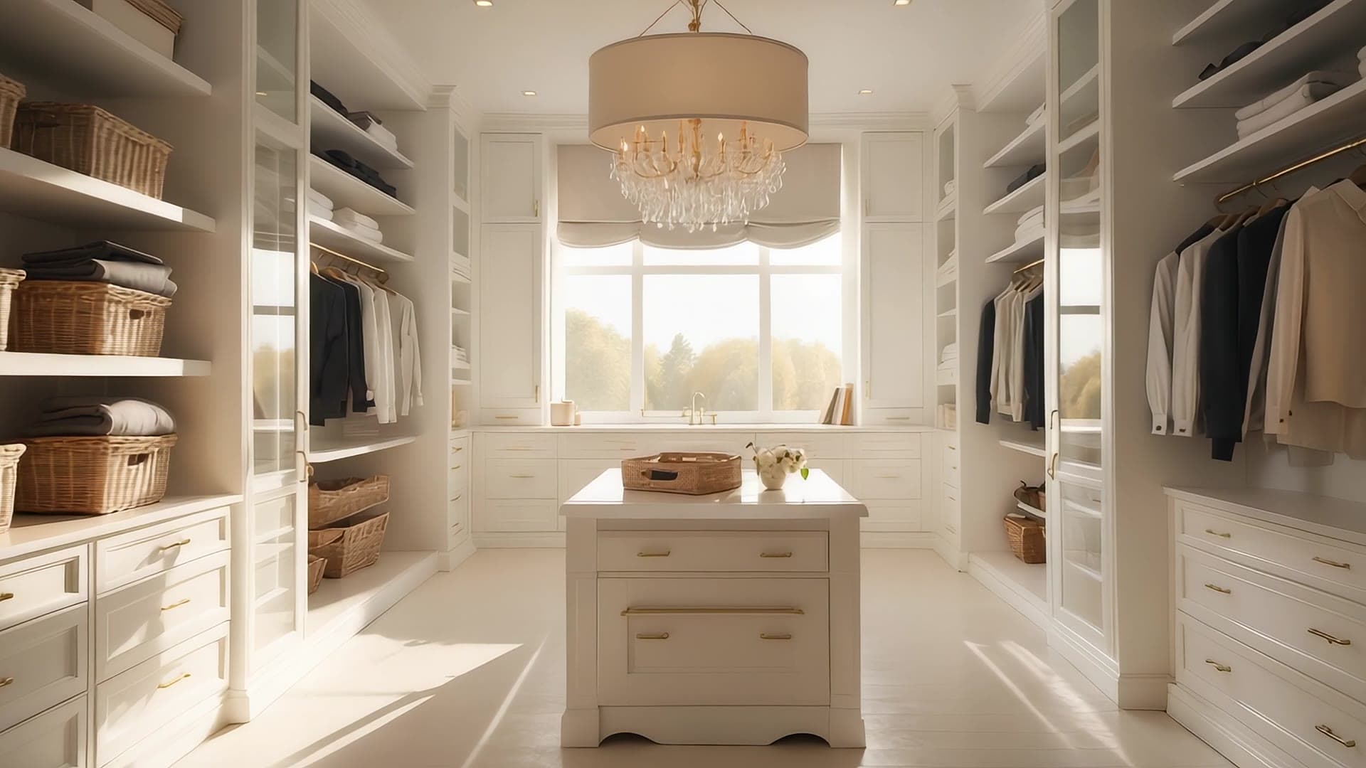 Custom walk-in closet with white cabinetry and a crystal chandelier